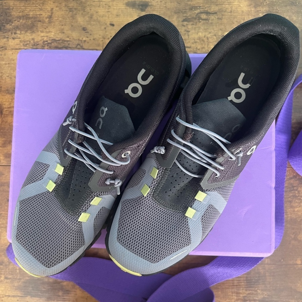 Sneakers ON size 7.5 grey, black and lime sneakers.